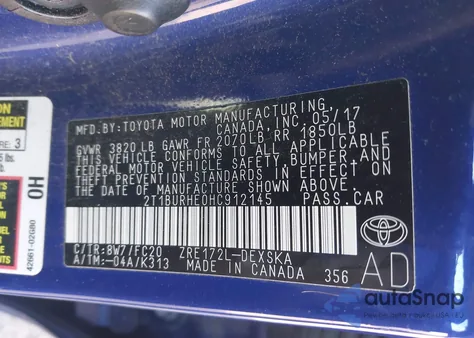 2017 Toyota Corolla Se z USA, uszkodzony, nr VIN 2T1BURHE0HC912145